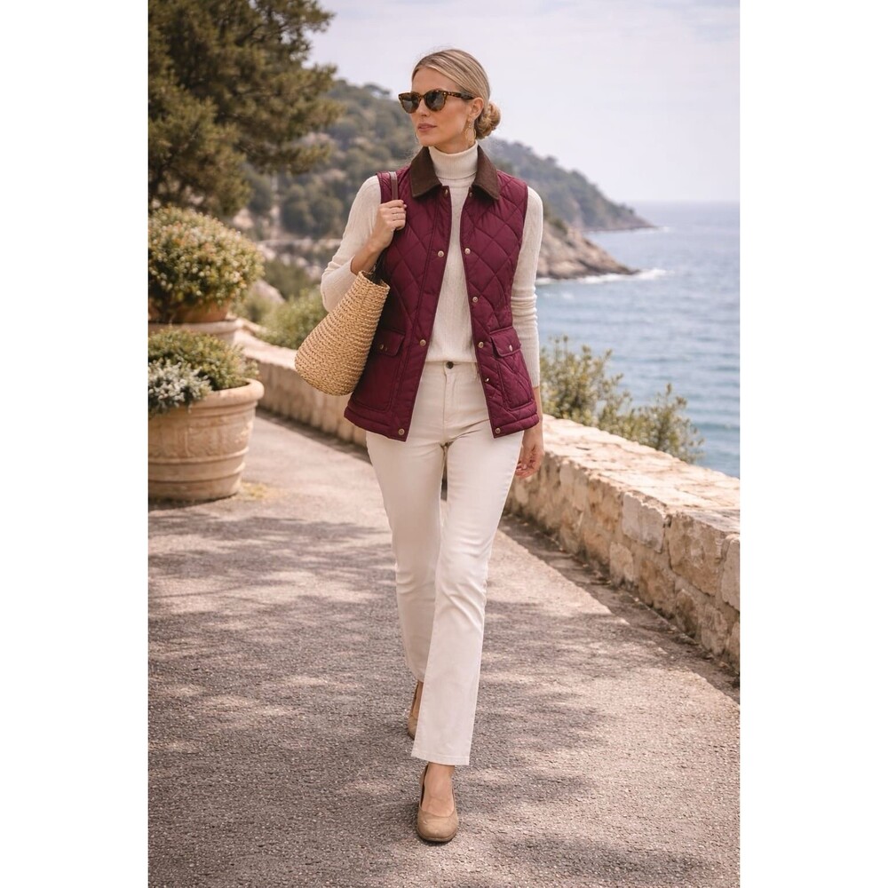LAUREN RALPH LAUREN New Quilted Vest LARGE Dark Garnet Corduroy Trim 84225T
